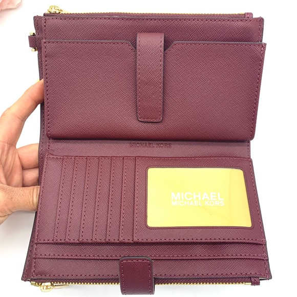 Michael Kors Saffiano Leather Set Double Zip Wristlet/ Merlot - Picture 10 of 13